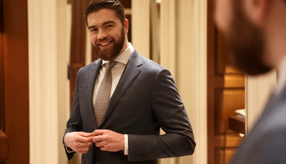 Ein Mann der in den Spiegel schaut – im Kontext als Symbolbild für „sich selbst erkennen“. Ein Mann mit Bart und Anzug lächelt und schaut sich im Spiegel an. Er trägt einen blauen Anzug mit einem weissen Hemd und einer gemusterten Krawatte. Der Hintergrund zeigt ein stilvoll eingerichtetes Zimmer mit Holzelementen und warmem Licht.